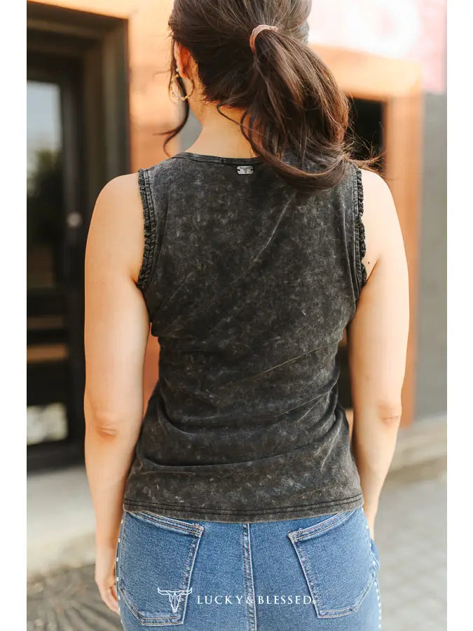 Black Mineral Wash Rodeo Printed Trim Detail Tank Top