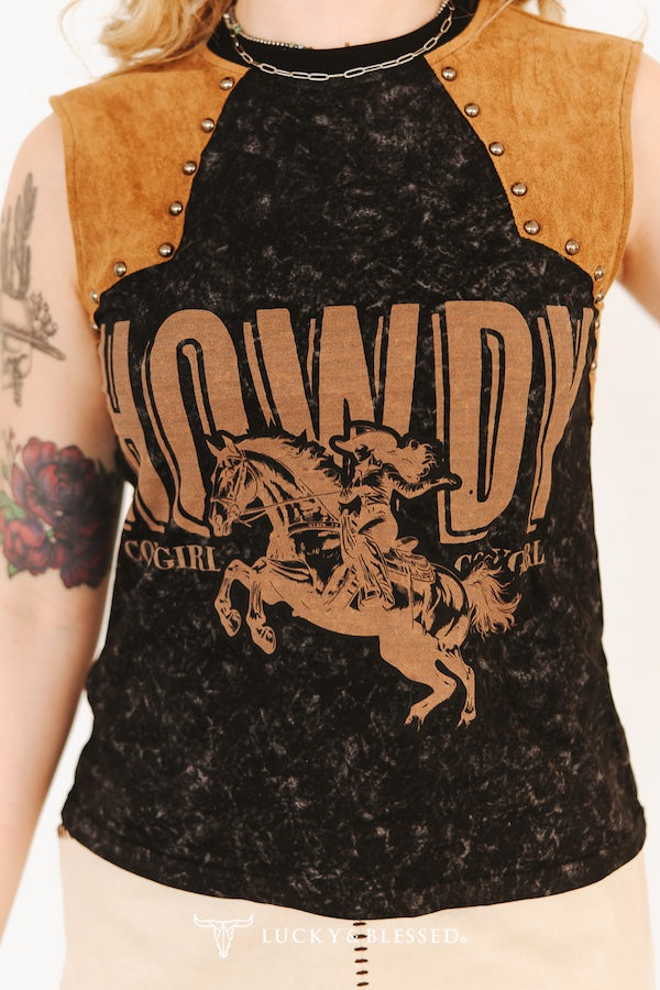 Howdy Black Mineral Wash Studded Tank