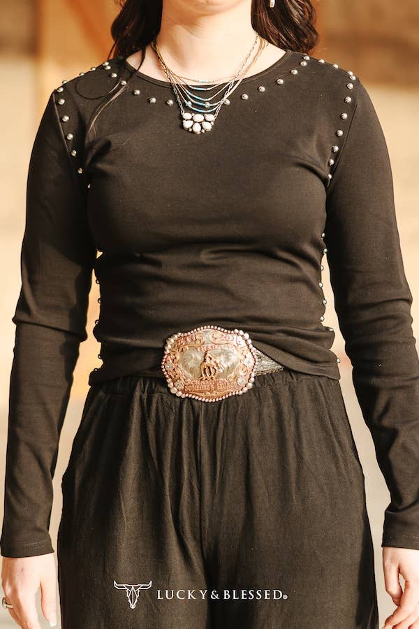 Black Long Sleeve Concho Studded Seam Top XL-3XL