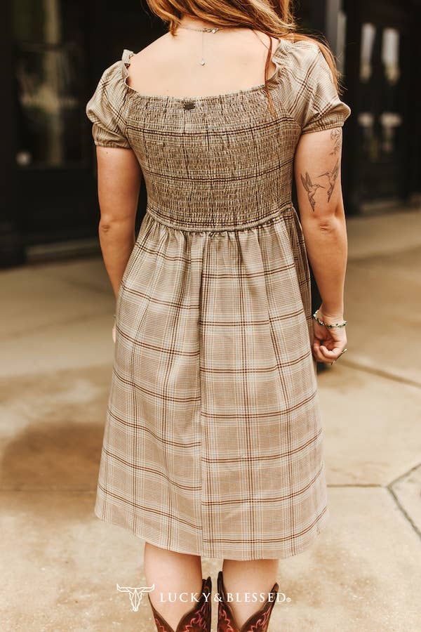 Western Plaid Puff Sleeve Cap Shoulder Dress