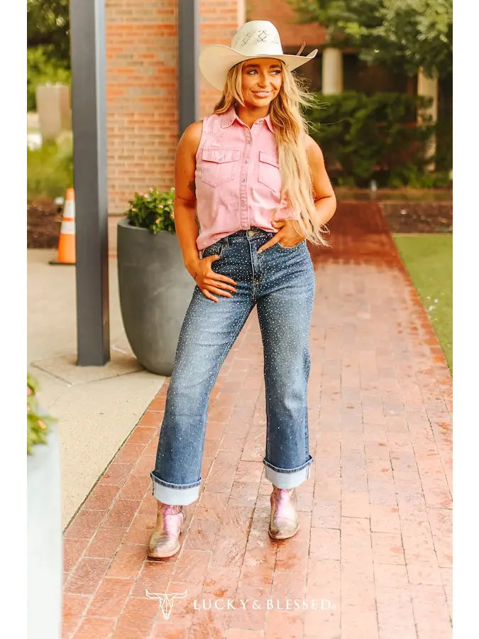 Rhinestone Rodeo Boyfriend Jeans — Dark Wash Iridescent Cuffed High Rise