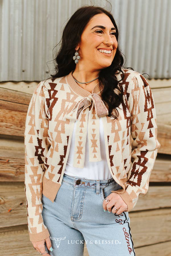 Cream Mocha Aztec Knit Sweater Cardigan Front Tie Sweater