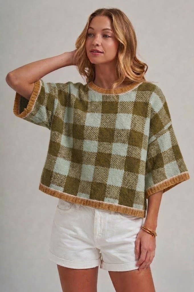 CHECKERED GINGHAM LOOSE FIT DROP SHOULDER SWEATER TOP-MULTI COLOR