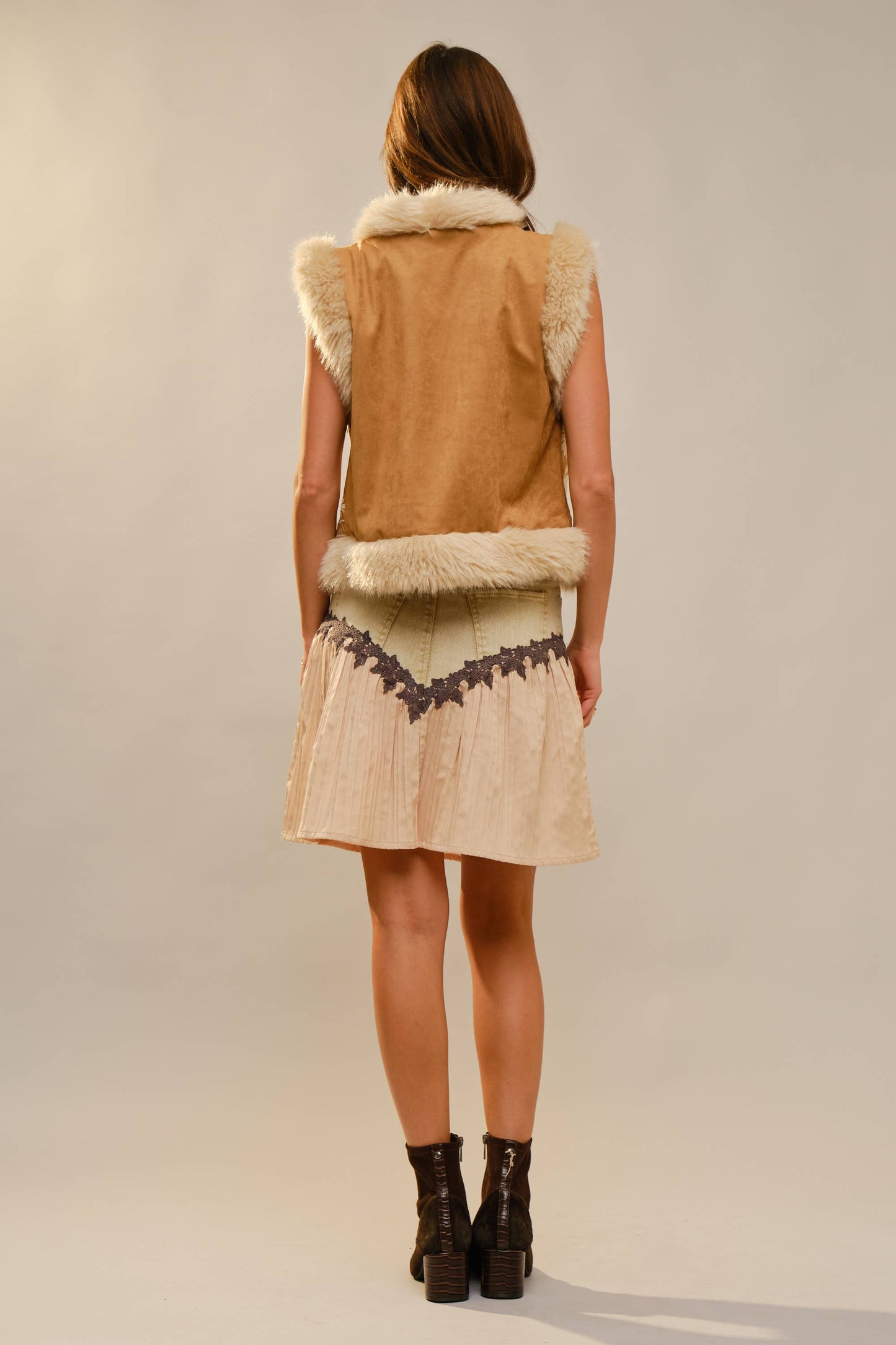 Embroidered Suede Vest With Fur Trim