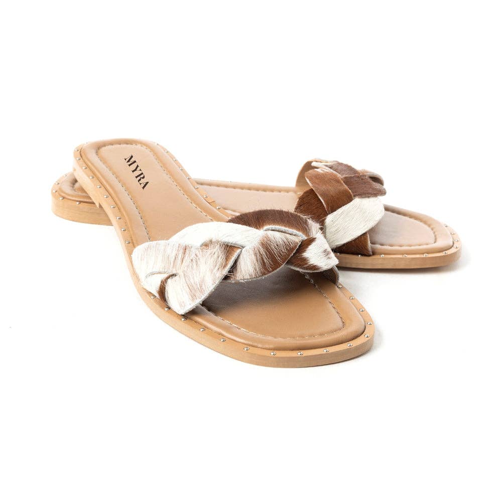 Pearline Hair-On Hide Marble Slide Sandals – Brown & White