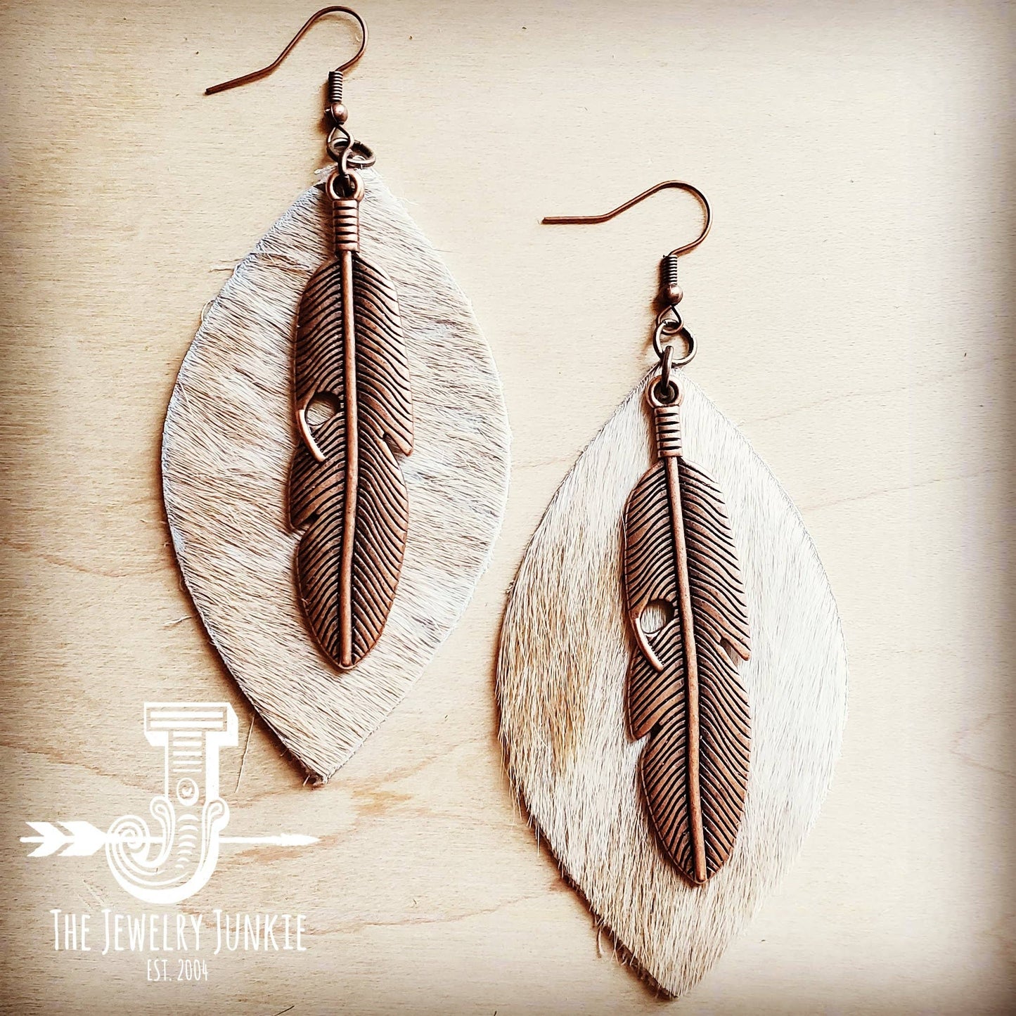 Leather Oval Earrings Hair on Hide w/ Copper Feather