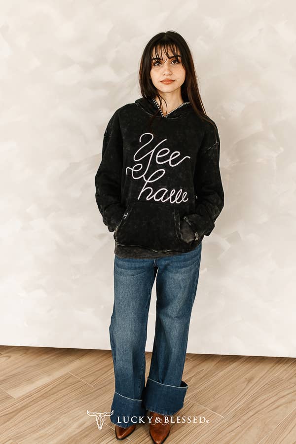 Black Mineral Wash Yeehaw Embroidered Detail Hoodie