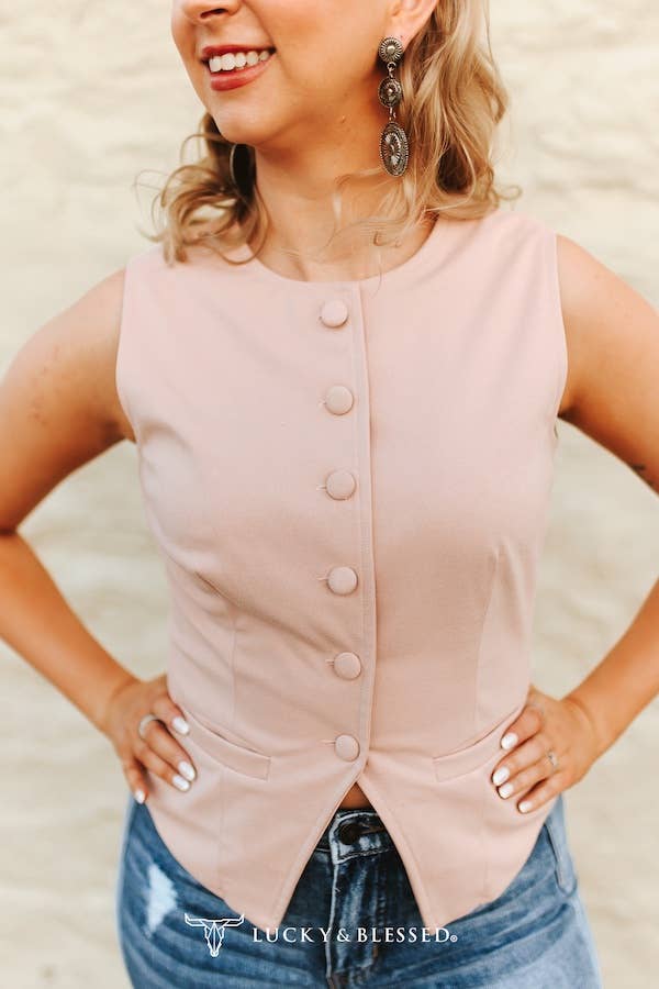 Pink Stretch Suede Button Down Western Pocket Vest