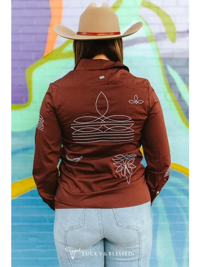 Brown Boot-Stitch Pearl Snap Western Shirt