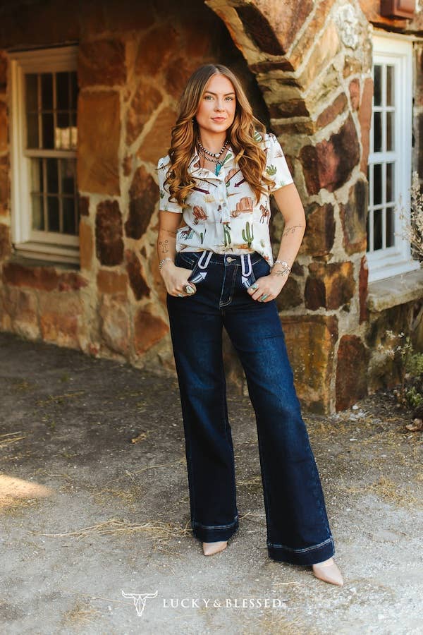 Dark Wash Western Two-Tone Stitch Flare Jeans