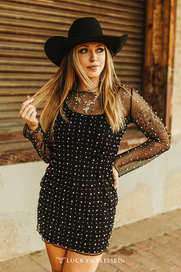 Black Mesh Rhinestone Pearl Studded Dress