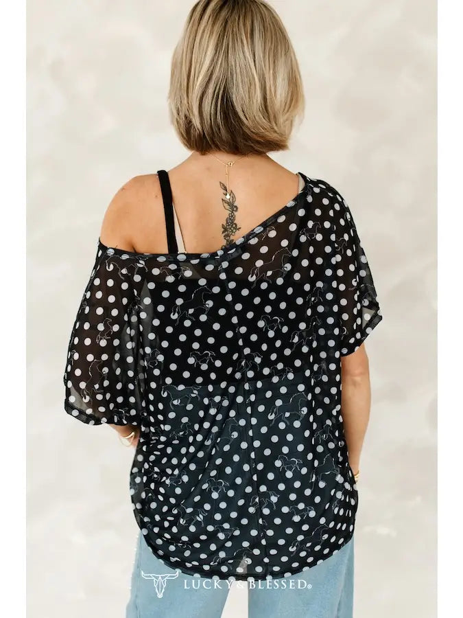 Black Horse Polka Dot Mesh Top — Short Sleeve Western Sheer