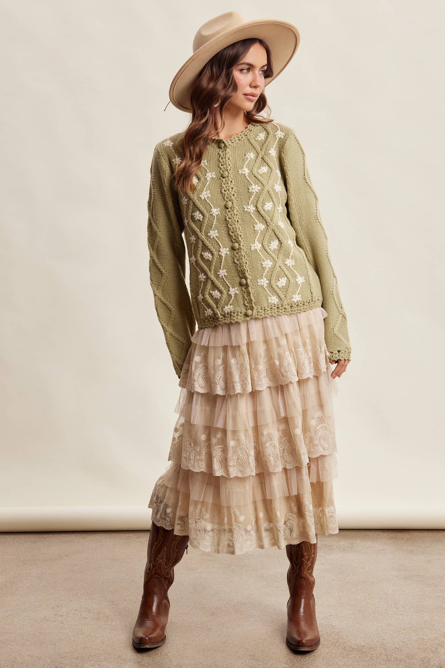 Taupe Lace Tiered Midi Skirt
