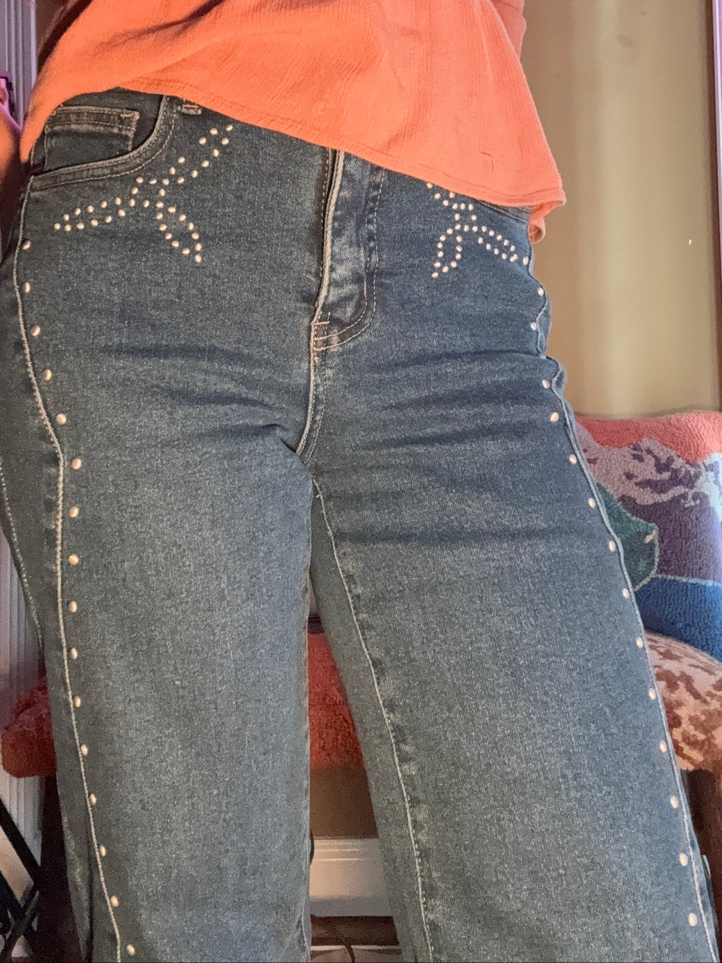 Dark Wash Western Vintage Studded HighRise Wide Leg Jeans