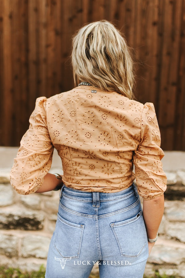 Prairie Rose Eyelet Top — Camel Pearl Snap V-Neck with Elastic Cuff