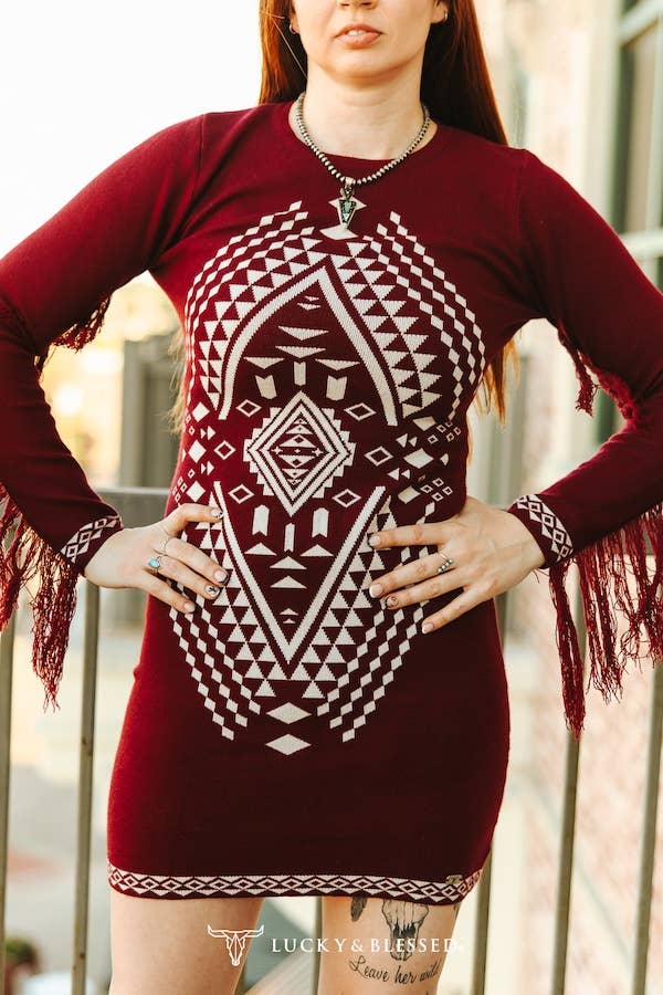 Wine & Ivory Aztec Fringe Knit Dress