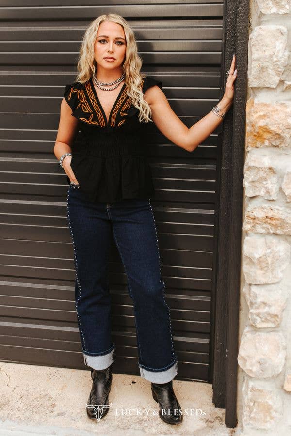 New Black Camel Embroidered Smocked Waist Ruffle Blouse