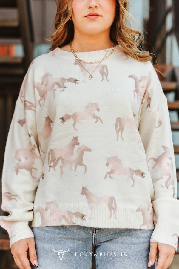 Ivory Soft Knit Sweater W Tonal Horse Detail XL-3XL