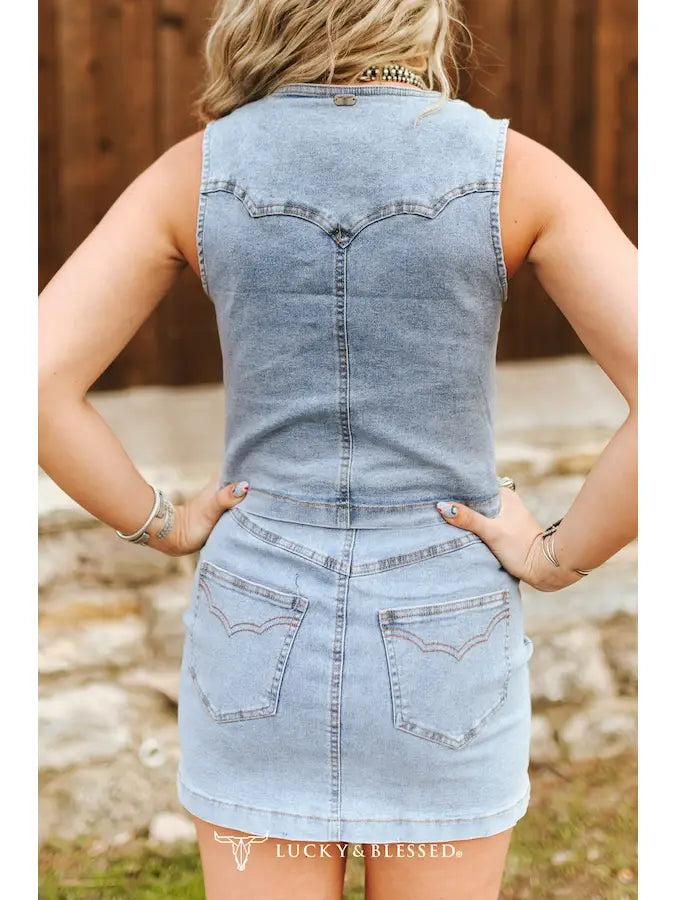 Concho Denim Set — Light Wash Embroidered Vest & Button-Down Western Skirt
