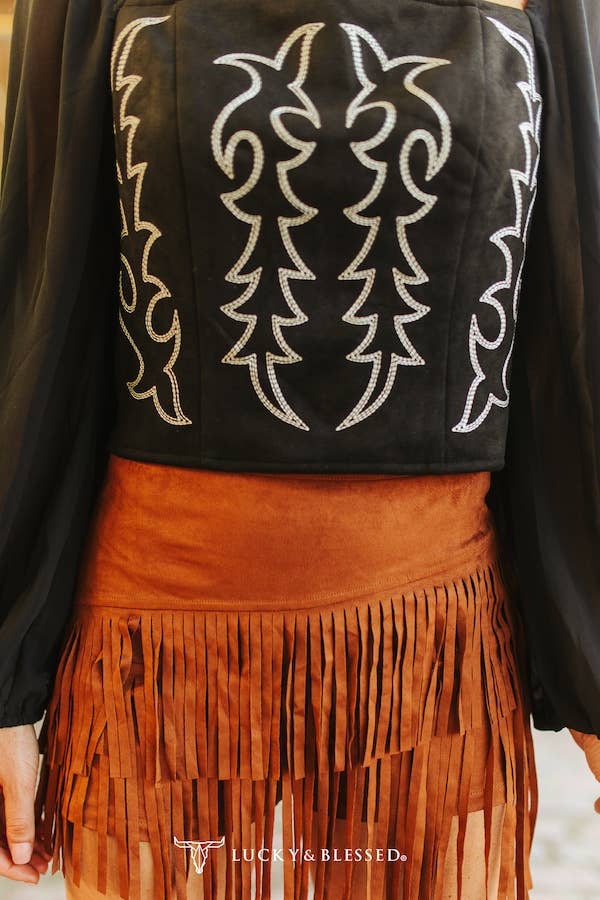 Black Western Embroidered Corset Top with Sheer Sleeves