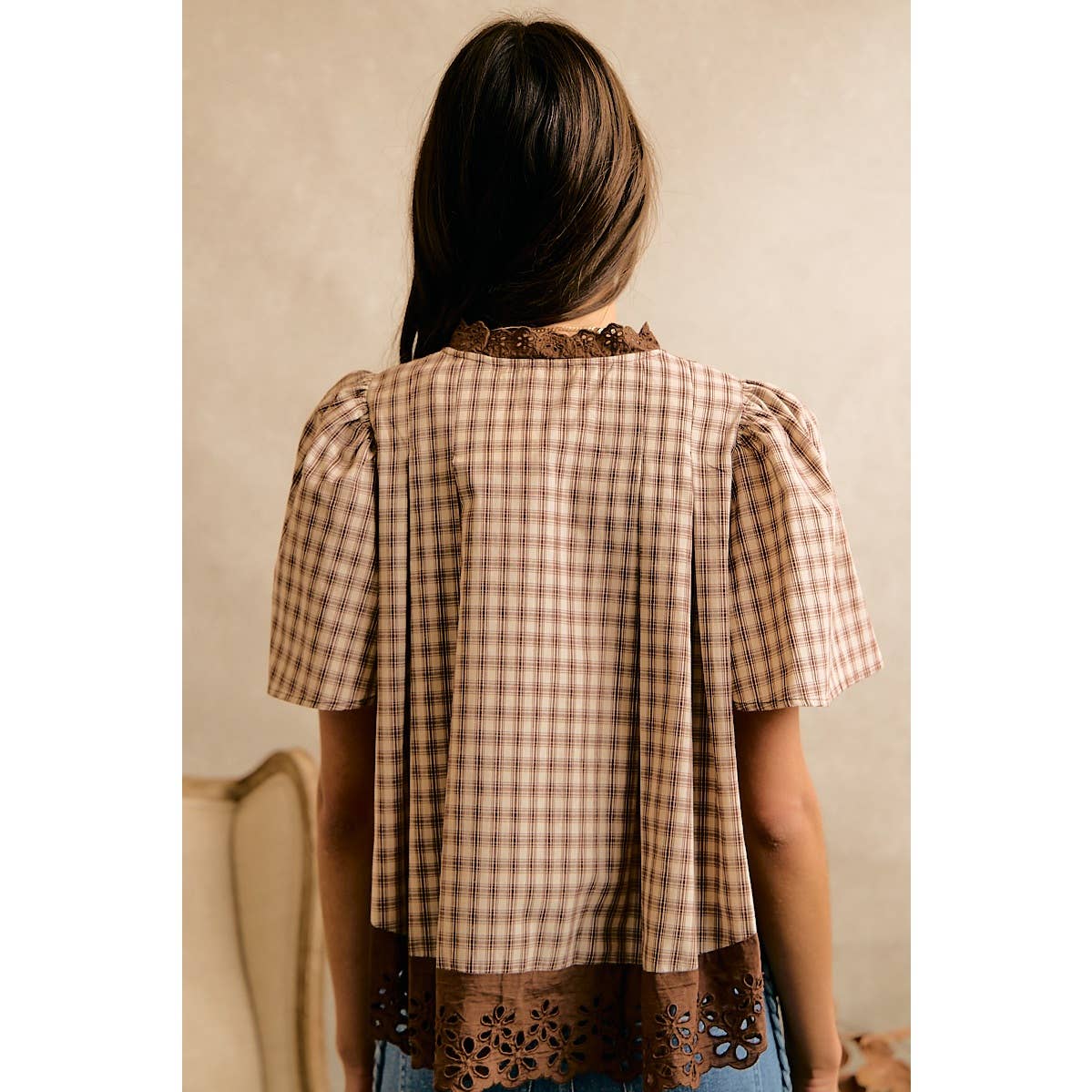 CHECK LACE TRIM FLUTTER SLEEVES BLOUSE TOP