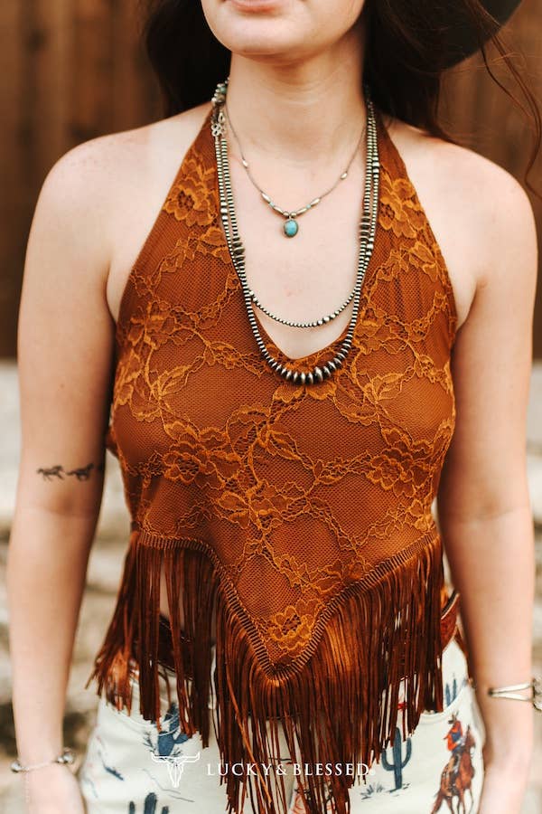 Camel Lace Fringe Halter Top