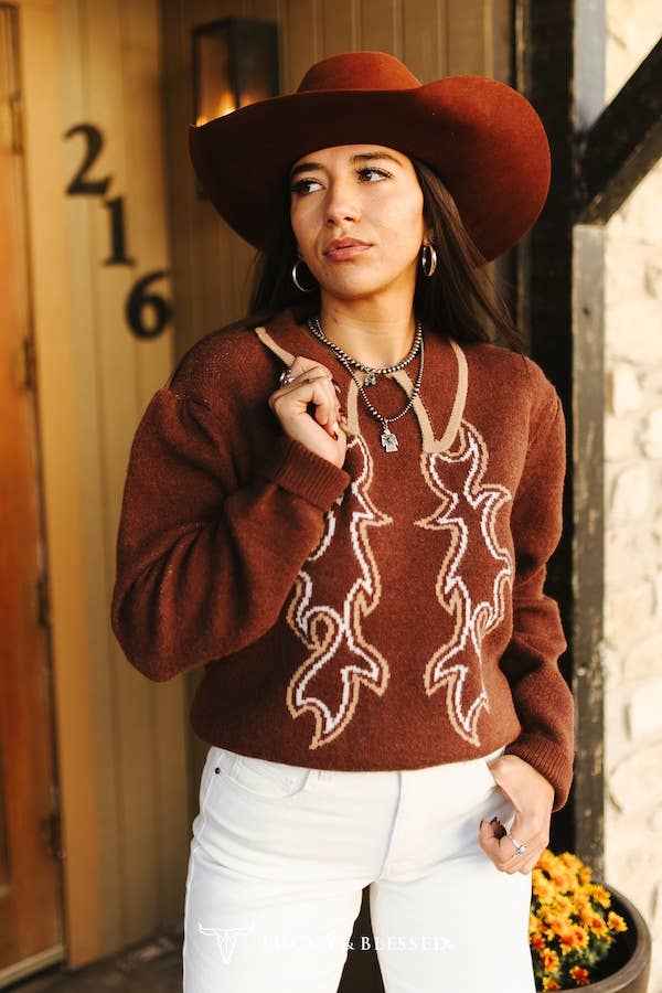 Brown Boot-stitch Knit Puff Sleeve Collared Sweater