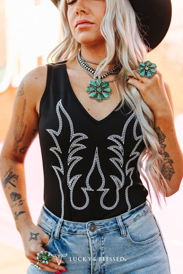 Black Ivory Boot-stitch Embroidered V Neck Bodysuit