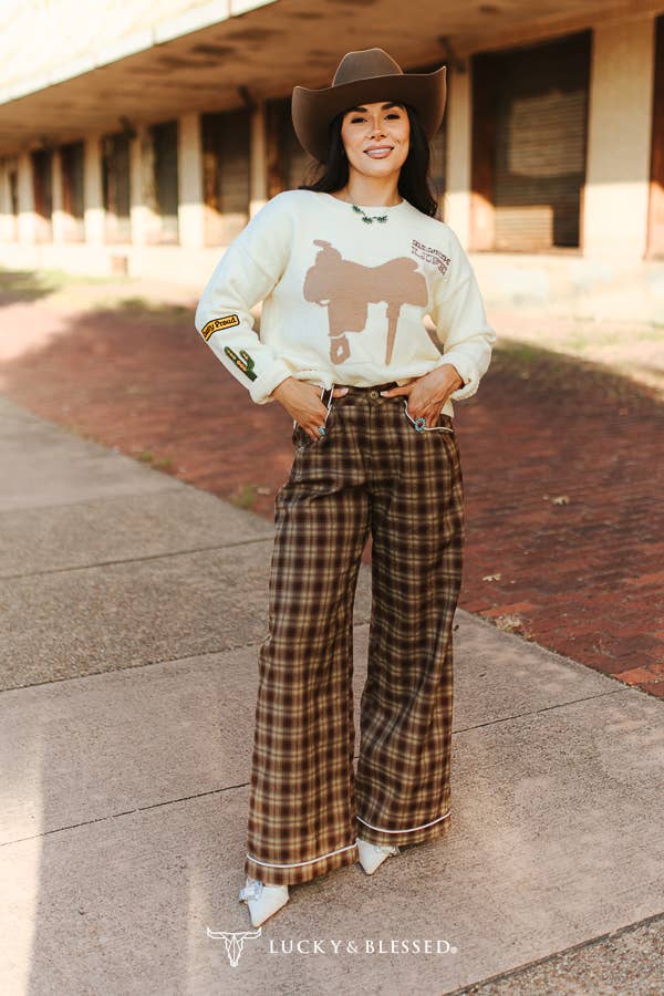 Brown Plaid High Rise Wide Leg Pants