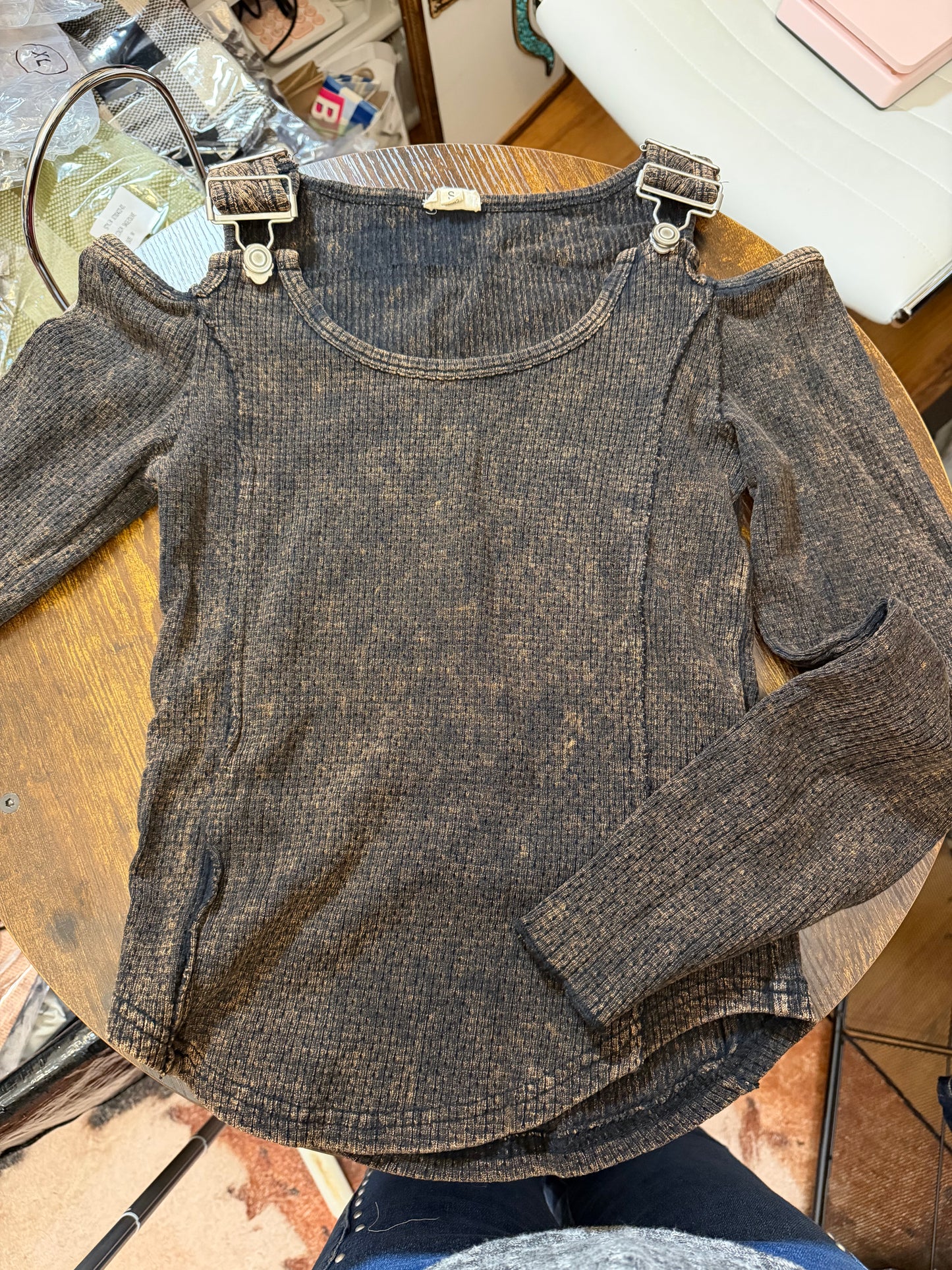 Vintage Washing Solid Buckle Open Shoulder Knit Thermal Top-Multiple Colors