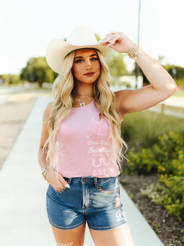Pink Mineral Wash Cowgirl Printed Trim Detail Tank Top