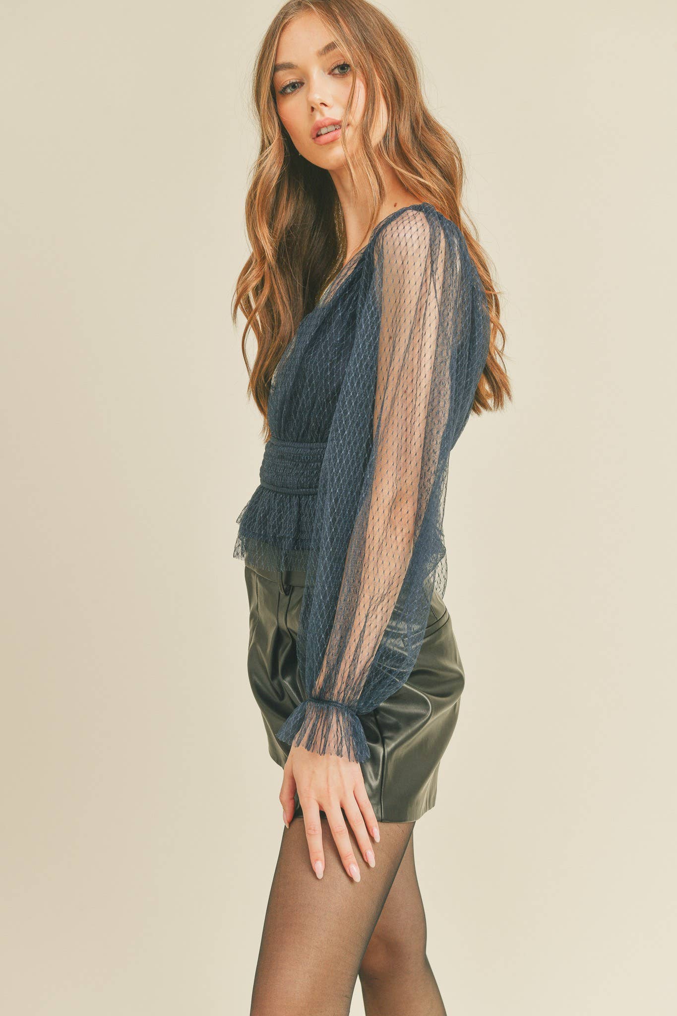 SMOCKED WAIST PEPLUM HEM TOP