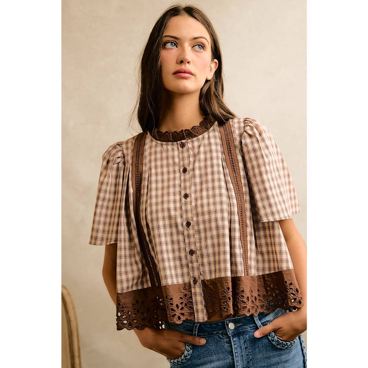 CHECK LACE TRIM FLUTTER SLEEVES BLOUSE TOP