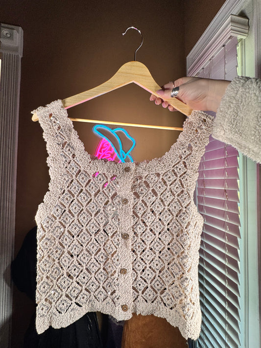 Sequin Diamond Crochet Lace Button-Down Vest Top