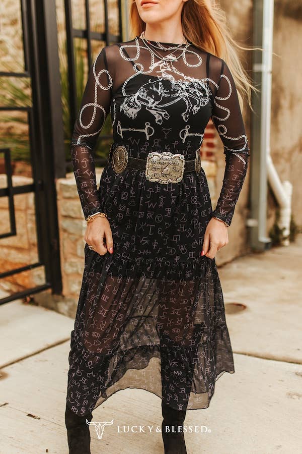 Horse Cowboy Printed Mesh Maxi Ruffle Long Sleeve Dress