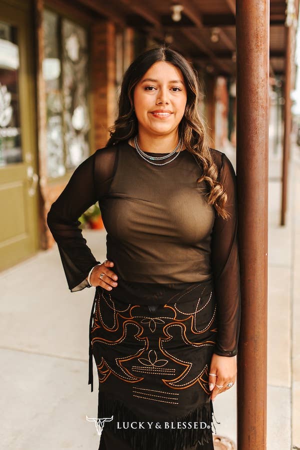 Black Mesh Long Sleeve Western Top