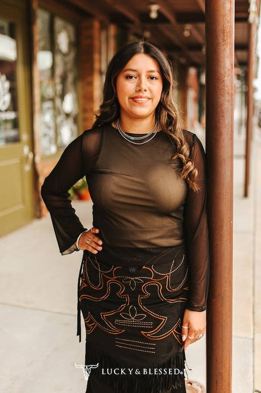 Black Mesh Long Sleeve Western Top