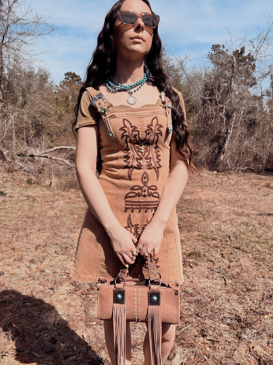 Brown Denim Embroidered Buckle Dress