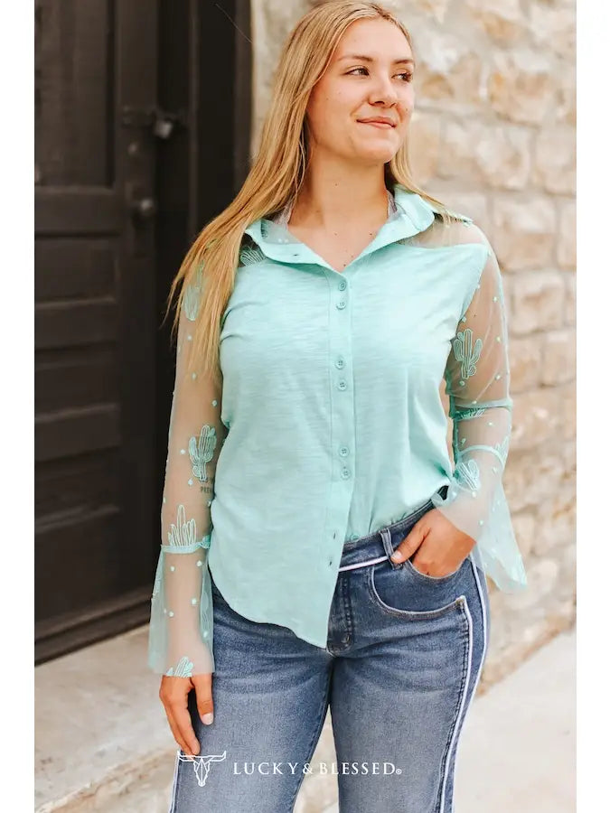 Desert Bloom Yoke Top — Mint Cactus Embroidered Mesh Sleeve Western Blouse