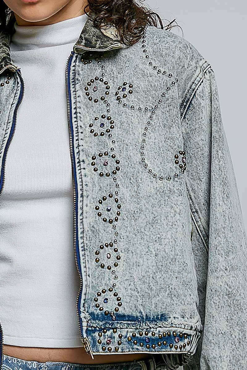 “Pretty in Pink” Studded Vintage Cropped Zip-Front Jacket