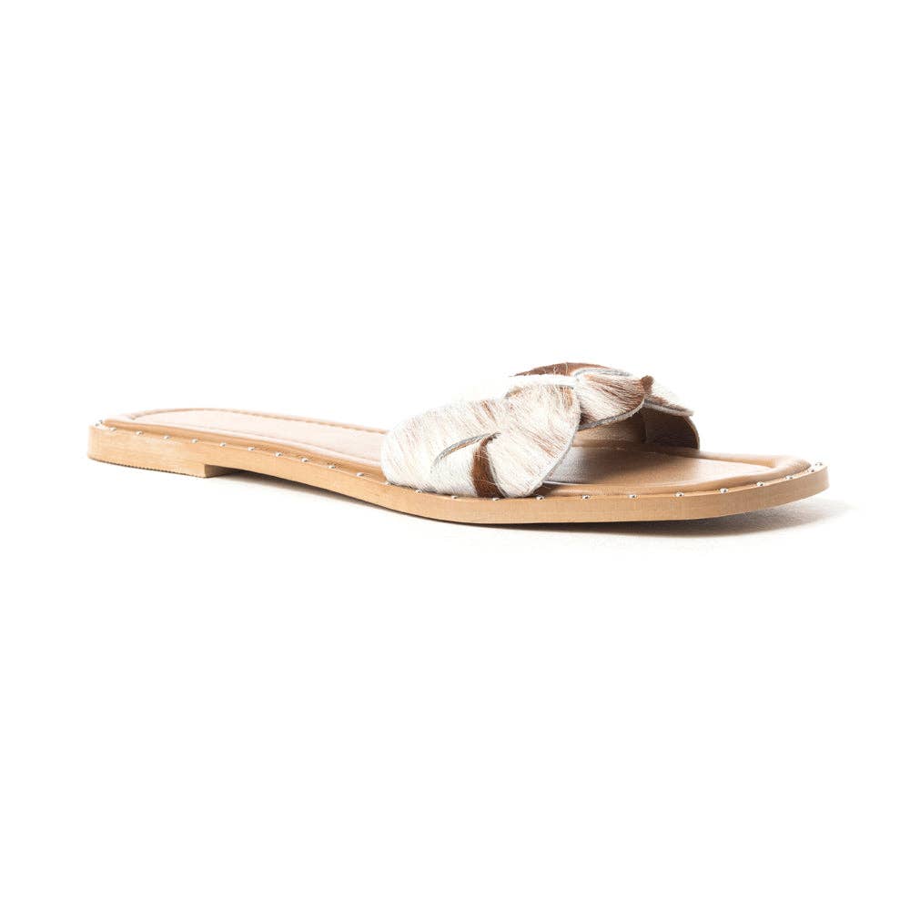 Pearline Hair-On Hide Marble Slide Sandals – Brown & White