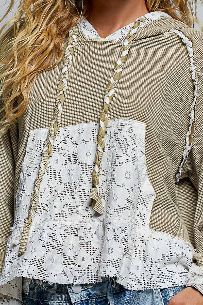 Lace & Thermal Cropped Hoodie