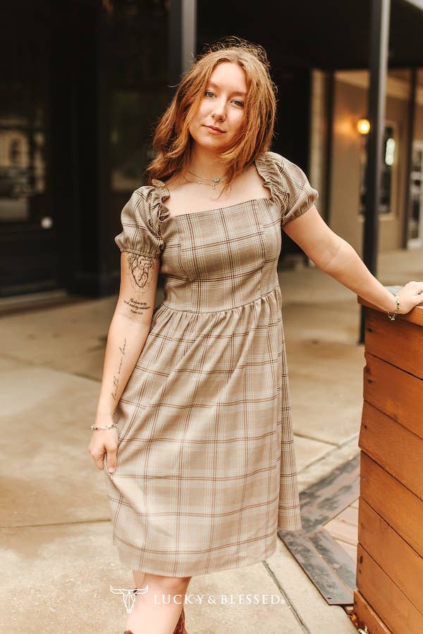  Western Plaid Puff Sleeve Cap Shoulder Dress