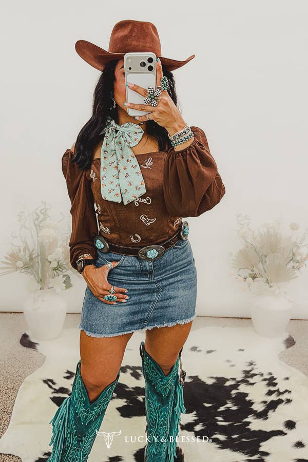 Brown Western Embroidered Corset Long Sleeve Elastic Top