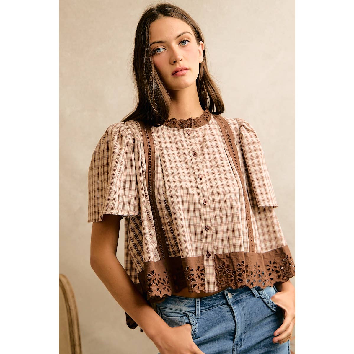 CHECK LACE TRIM FLUTTER SLEEVES BLOUSE TOP