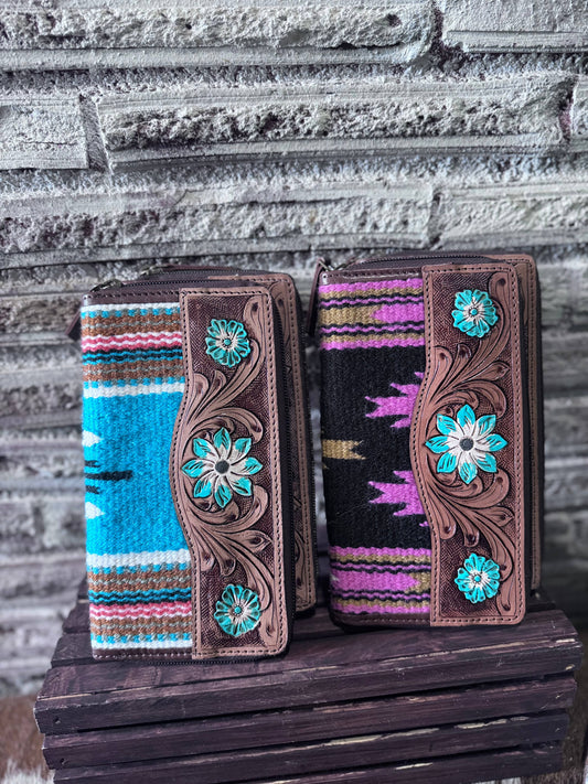 Saddle blanket tooled  wallets: Blue