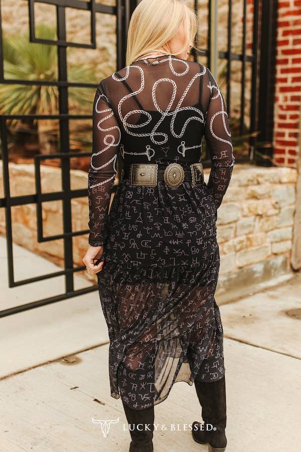 Horse Cowboy Printed Mesh Maxi Ruffle Long Sleeve Dress