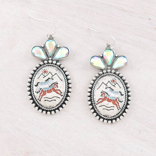 Western Horse Concho Earrings: Silver/AB