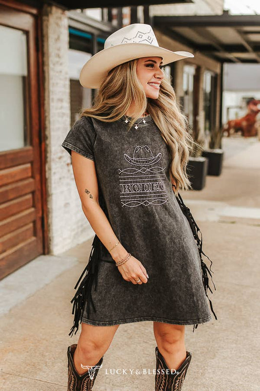Black Mineral Wash Rodeo Embroidery Fringe T-Shirt Dress
