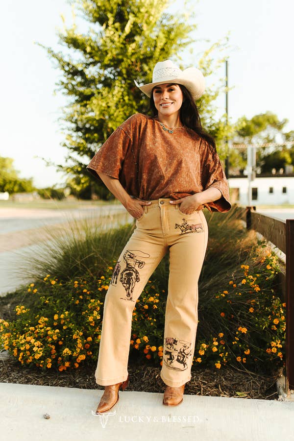 Camel Mineral Wash Studded Side Seam Oversized Tee